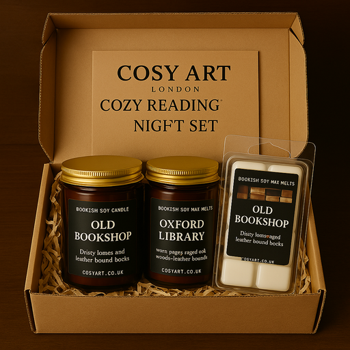 Cosy Art London gift set with four book-inspired soy candles and wax melts, nestled in shredded kraft paper inside a brown box – perfect book lover gift.