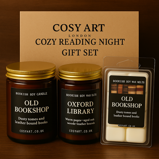 Cosy Art London gift set with four book-inspired soy candles and wax melts, nestled in shredded kraft paper inside a brown box – perfect book lover gift.