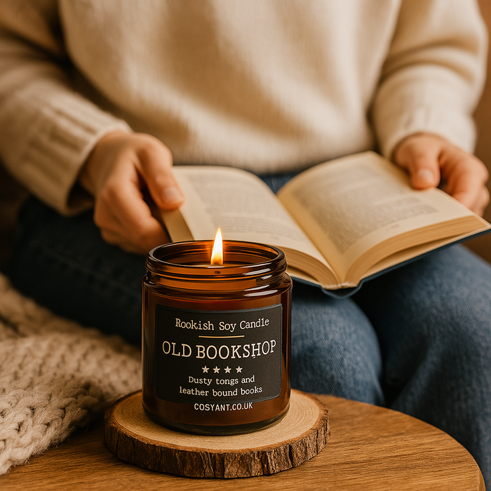 Person reading a hardcover book wrapped in a beige knit blanket, with Old Bookshop candle glowing in the foreground. Cosy scene by Cosy Art London.

